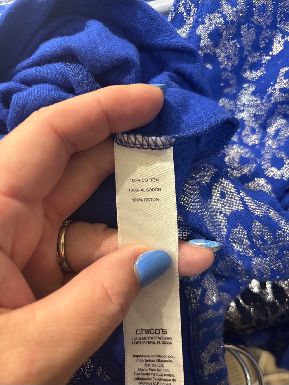 Chico's Cobalt Blue Metallic Animal-Print 3/4 Sleeve Top - Picture 7 of 7